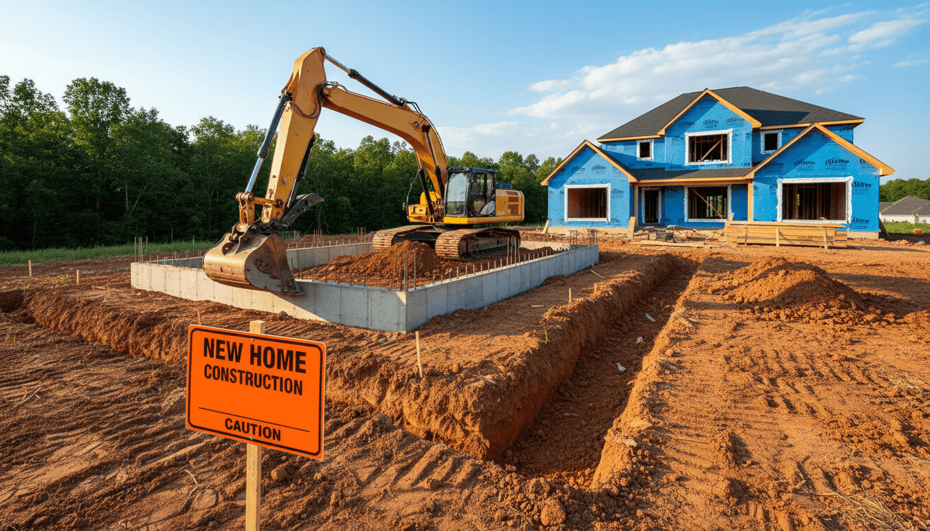 Excavator digging a foundation trench for a new home in North Idaho