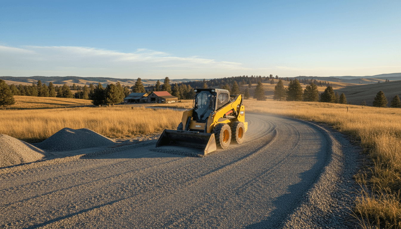 Bobcat skid steer leveling gravel for a new driveway in North Idaho