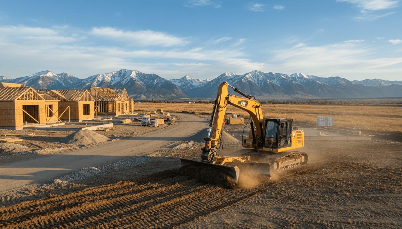 Excavator grading a residential lot near Sagle with mountains in the background