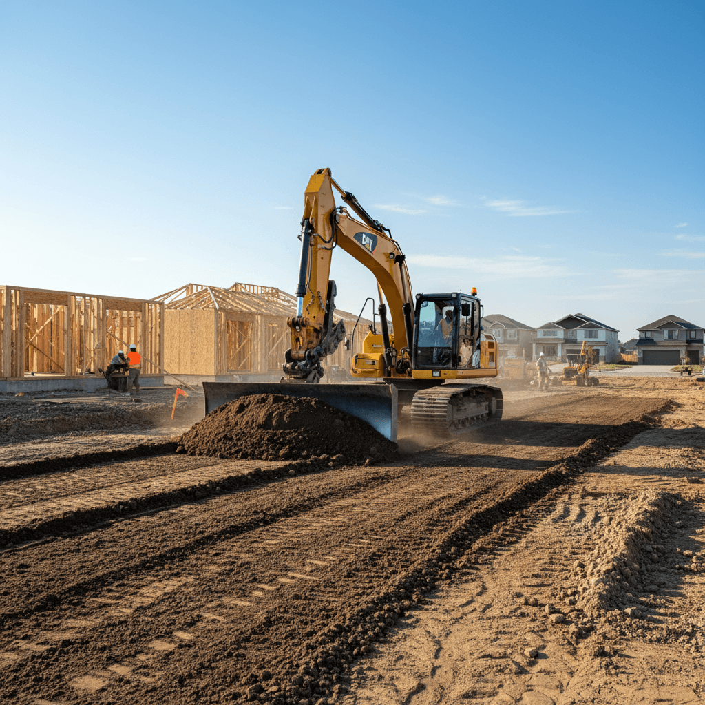 Excavator leveling a residential lot