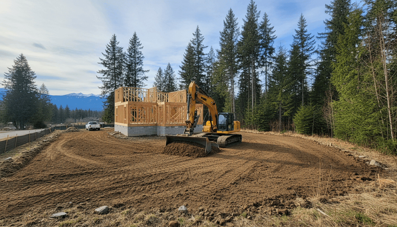 Excavator grading dirt on a residential lot in North Idaho