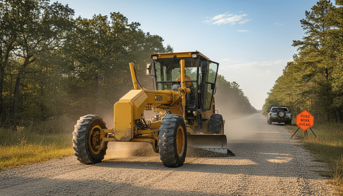 Grader smoothing gravel on a rural road during repair work near Sagle