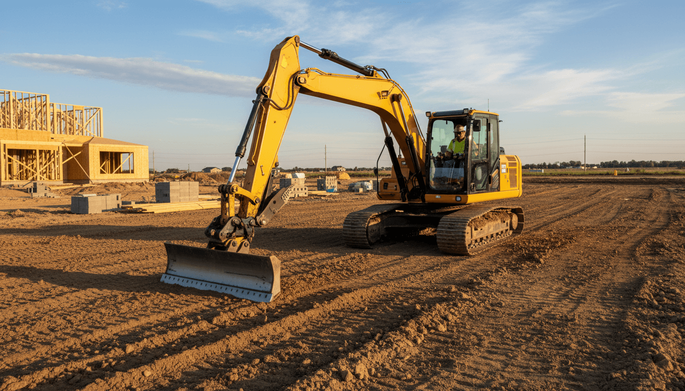 Excavator grading dirt on a residential site in North Idaho