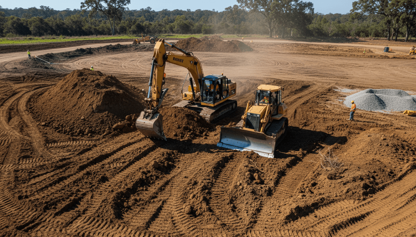 Bobcat skid-steer loader grading a dirt lot