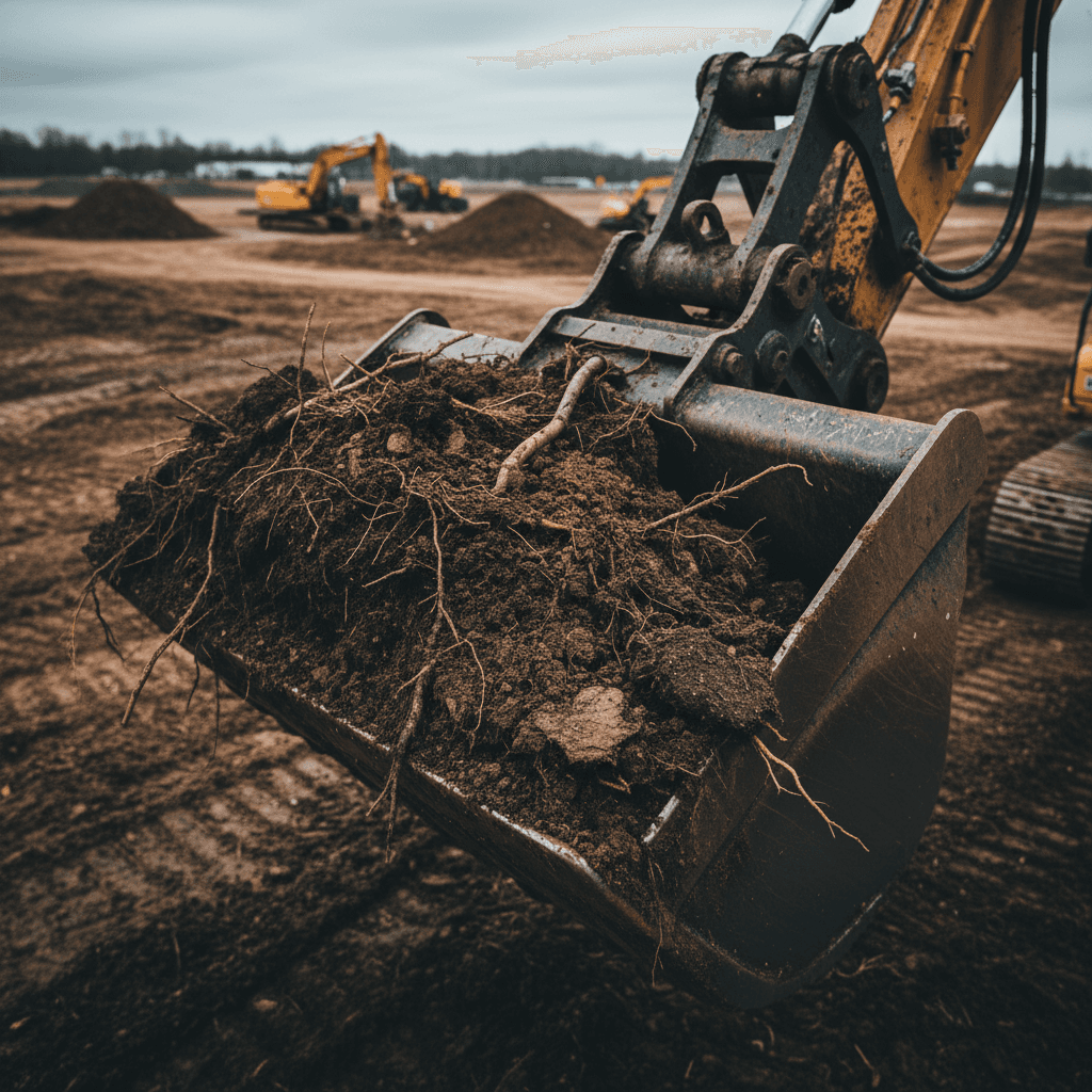 Bobcat skid-steer loader parked on freshly graded dirt with pine trees in background
